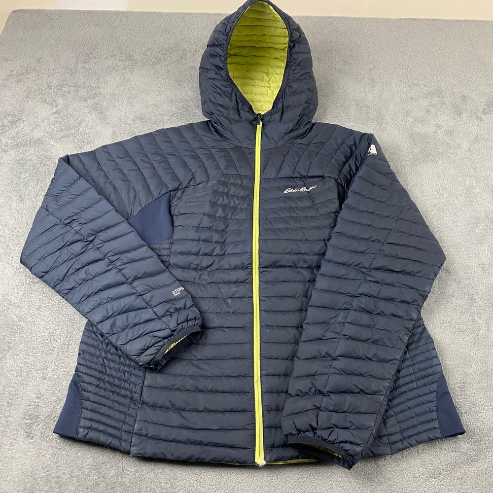 Eddie Bauer Womens XL StormDown 800 Puffer Jacket Navy Blue Lime Green Hooded - Picture 4 of 12